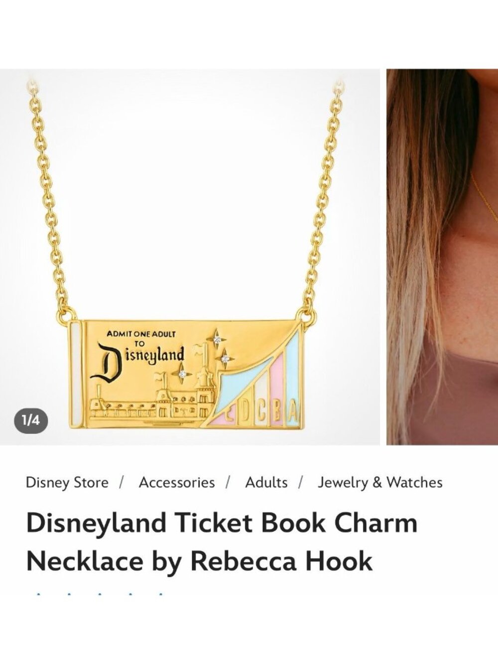 Disney Disneyland Rebecca Hook Gold Ticket Necklace Castle